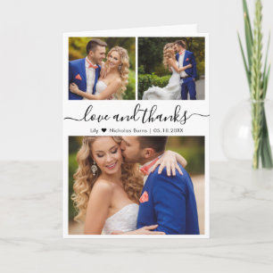 Elegant Script 3 Photo Collage Heart Wedding  Thank You Card