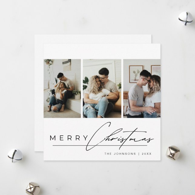 Elegant Script 3 Photo Collage Merry Christmas Holiday Card (Front/Back In Situ)