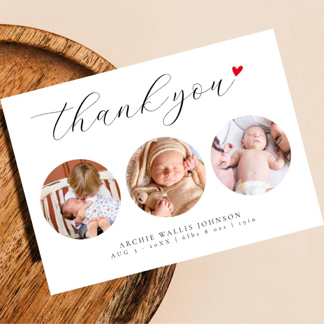 Elegant Script 3 Photo Collage New Baby Thank You Card | Zazzle