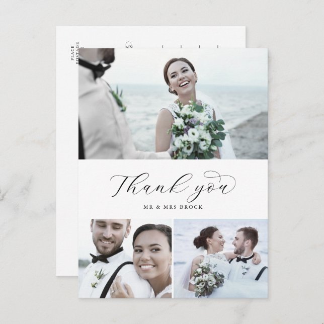 Elegant Script 3 Photo Collage Wedding Thank You P Postcard (Front/Back)