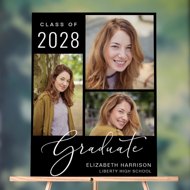 Elegant Script 3 Photo Graduation Welcome Acrylic Sign (Neutral)