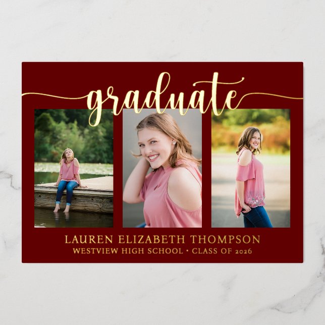 Elegant Script 3 Photo Maroon Graduation Gold (Front)