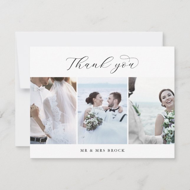 Elegant Script 3 Photo Template Thank You Card (Front)