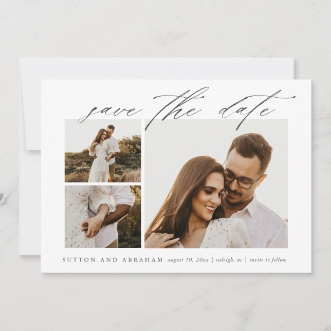 Elegant Script 3 Photo Wedding Save The Date (Front)