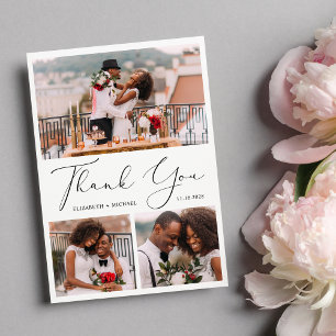 Elegant Script 3 Photo Wedding Thank You Card