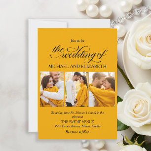 Elegant Script 3 Photo Yellow Wedding  Invitation