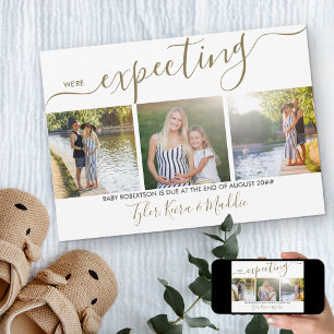 Elegant Script 3 Square Photo Gold Grey Pregnancy Announcement