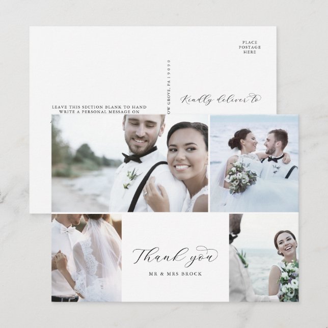 Elegant Script 4 Photo Collage Wedding Thank You Postcard (Front/Back)