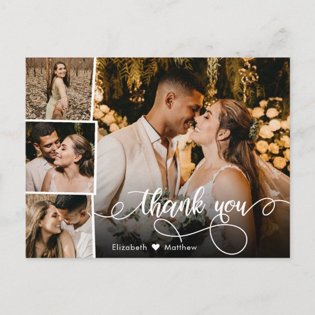 Elegant Script 4 Photo Collage Wedding Thank You Postcard (Front)
