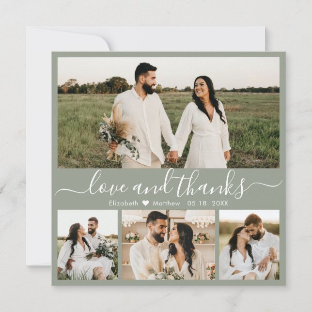 Elegant Script 4 Photo Sage Green Collage Wedding Thank You Card (Front)