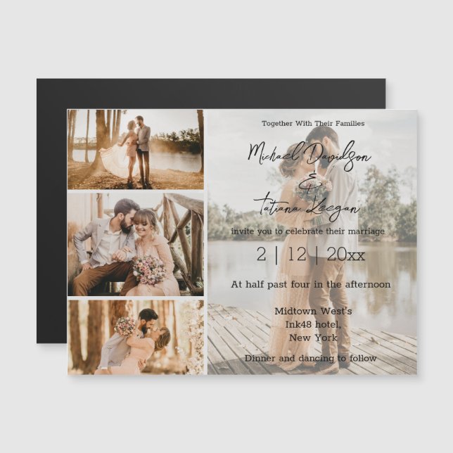 Elegant Script 4 Photo Wedding invitation magnet (Front/Back)