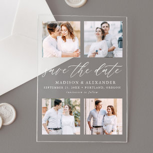 Elegant Script 4 Photo Wedding Save the Date Acrylic Invitations