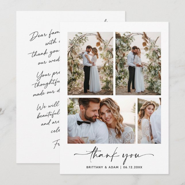 Elegant Script 4 Photo Wedding Thank You  Card (Front/Back)