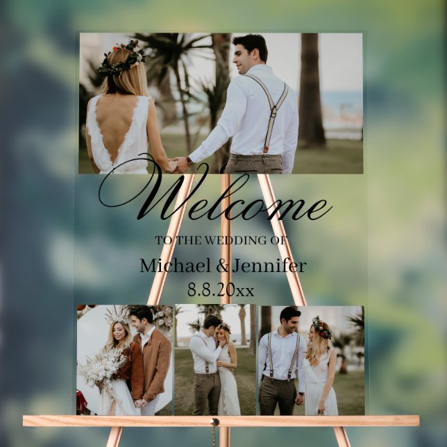 elegant script 4 photos modern wedding welcome  acrylic sign (Neutral)