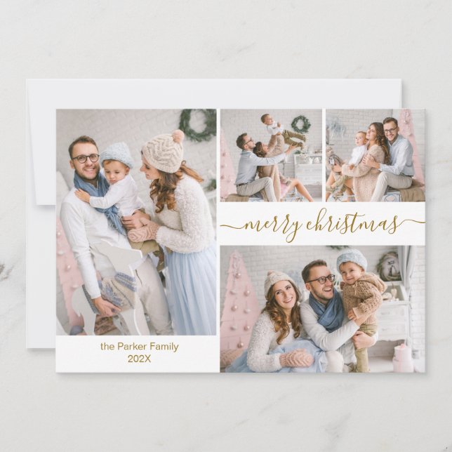 Elegant Script 5 Photo Collage Christmas Cards (Front)