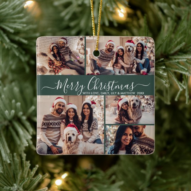 Elegant Script 5 Photo Collage Green Christmas  Ceramic Ornament (Tree)