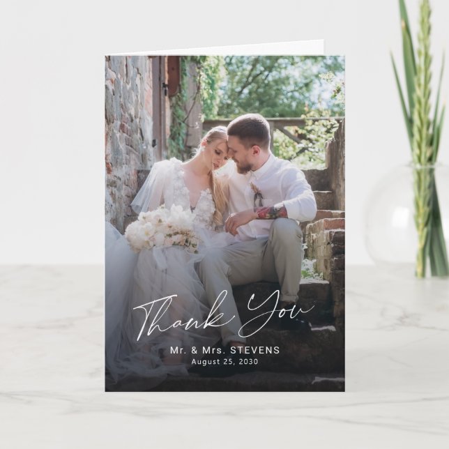 Elegant script 6 photo wedding  thank you card (Front)