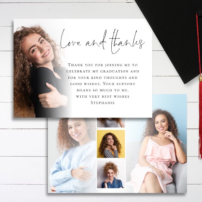 Elegant Script 6 Photos Graduation Love Thanks Card (Front and back view)