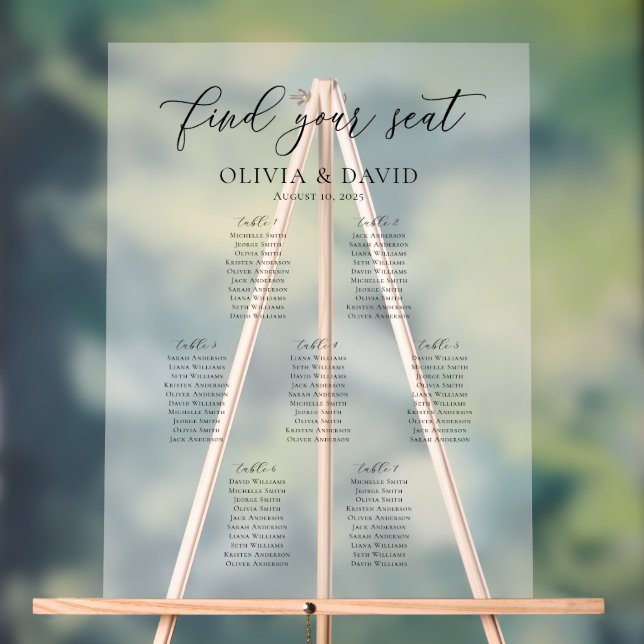 Elegant Script 7 table Seating Chart Acrylic Sign (Neutral)