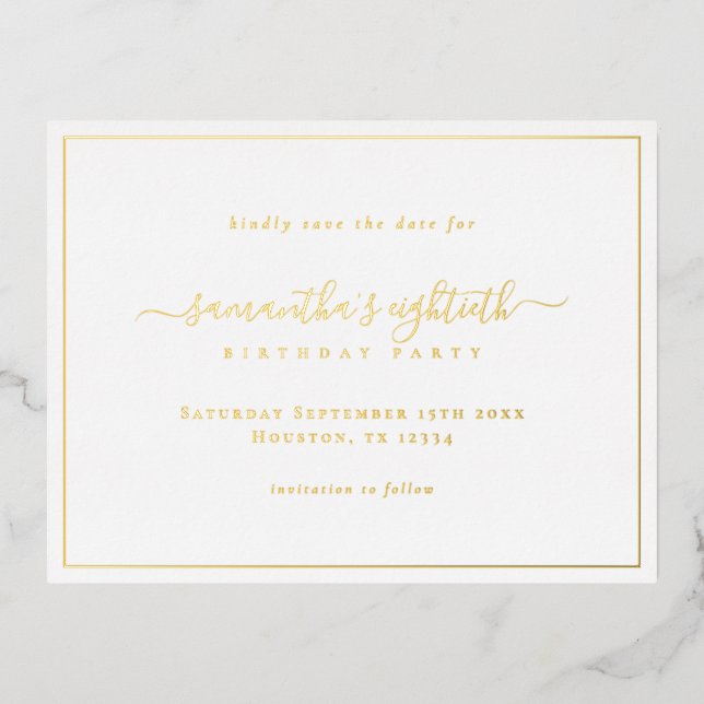 Elegant Script 80th Birthday Save the Date card (Front)