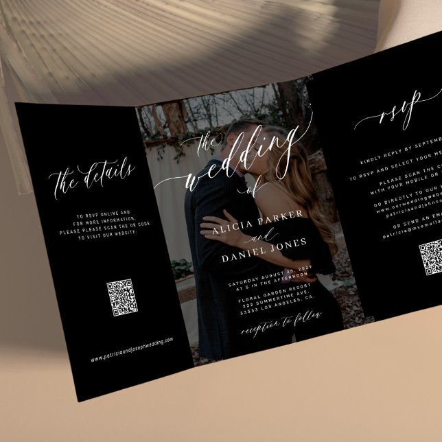 Elegant script all in one photo black wedding Tri-Fold invitation (Creator Uploaded)
