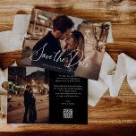 Elegant Script and Black | Two Photo and QR Code Save The Date<br><div class="desc">These elegant wedding save the date cards feature modern white script classic typography on the front as an overlay on your photo. The back has a dark,  black background with simple white text and another photo,  along with a scannable QR code to add your wedding website.</div>