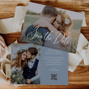 Elegant Script and Dusty Blue Photo and QR Code Save The Date