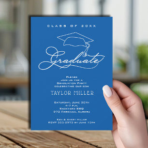 Elegant Script and Grad Cap Blue Graduation Invitation