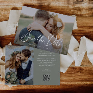 Elegant Script and Sage Green Photo and QR Code Save The Date