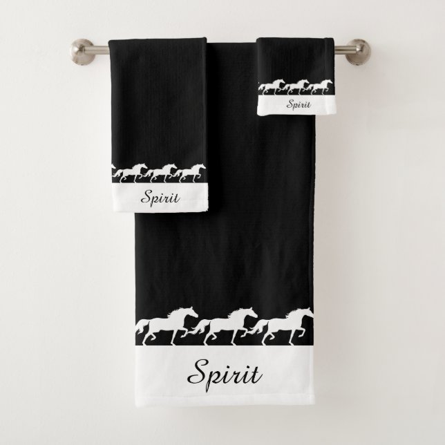 Elegant Script and Stylish Horses on Black Bath Towel Set (Insitu)