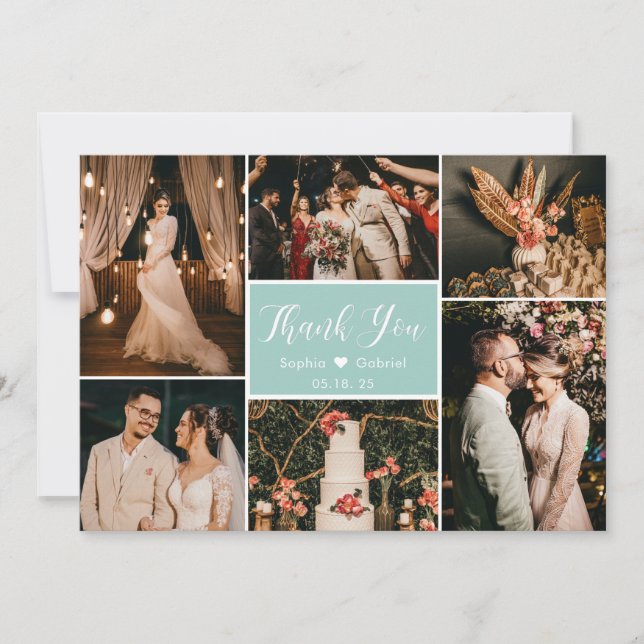 Elegant Script Aqua Wedding Multi Photo Collage Thank You Card (Front)