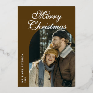Elegant Script Arch Newlyweds Photo Brown Silver Foil Holiday Card