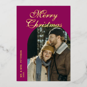 Elegant Script Arch Newlyweds Photo Fuchsia Gold Foil Holiday Card