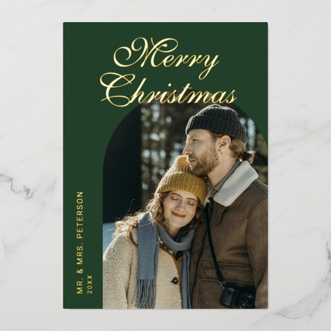 Elegant Script Arch Newlyweds Photo Green Gold Foil Holiday Card (Front)