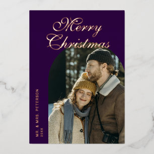 Elegant Script Arch Newlyweds Photo Rose Gold Foil Holiday Card