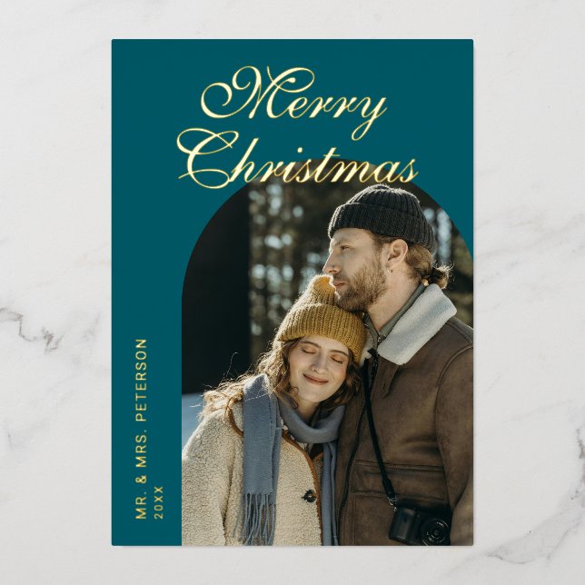 Elegant Script Arch Newlyweds Photo Teal Gold Foil Holiday Card (Front)