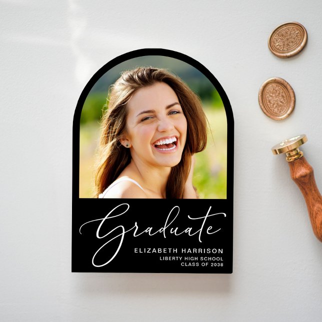 Elegant Script Arch Photo Black Graduation Party Invitation (Share the pride and excitement of your graduate's achievement with friends and family near and far)