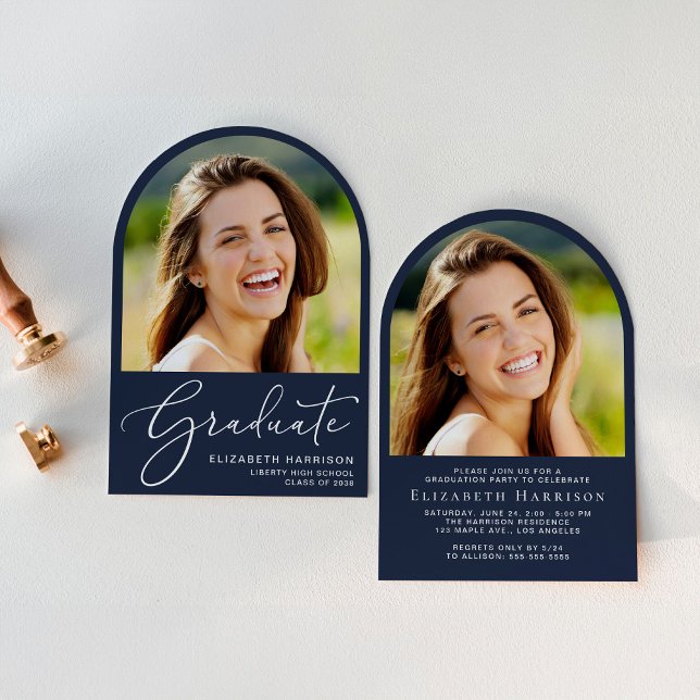 Elegant Script Arch Photo Blue Graduation Party Invitation (An elegant arch-shaped graduation party invitation to celebrate the graduate's achievements)
