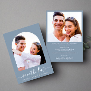 Elegant Script Arch Photo Dusty Blue Wedding Save The Date