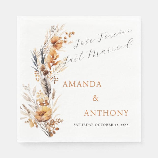 Elegant Script Autumn Fall Flowers Wedding  Napkin (Front)