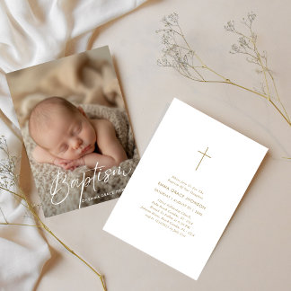 Elegant Script Baby Boy Girl Baptism Photo Gold Invitation