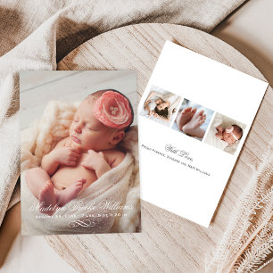 Elegant Script Baby Girl Multi Photo Birth Announcement