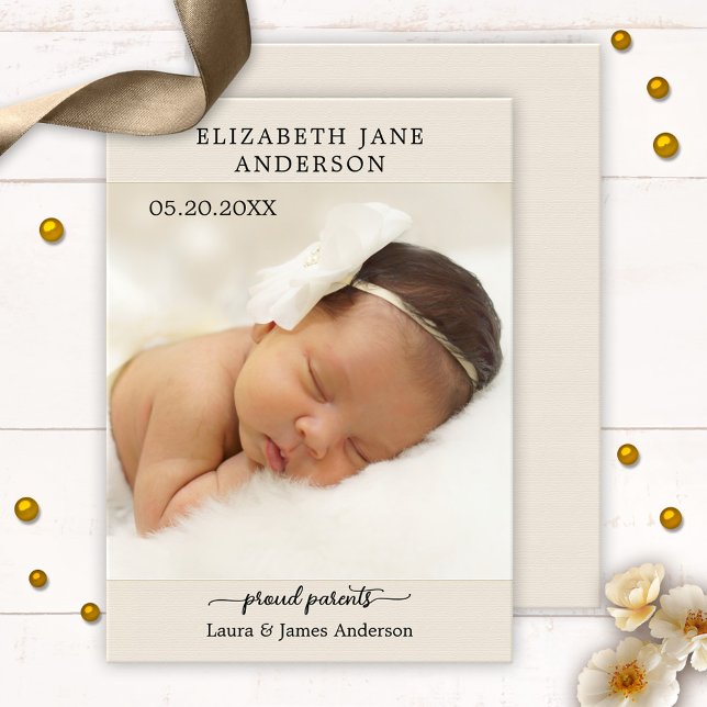 Elegant Script Baby Photo Birth Announcement Card (Baby birth announcement card featuring a photo of your baby framed by a simple beige burlap design)