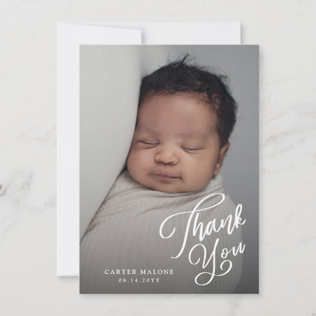 Elegant script baby photo thank you (Front)