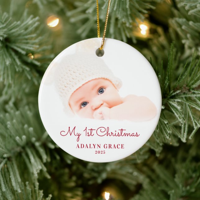 Elegant Script Baby's First Christmas Photo Ceramic Tree Decoration (Tree)
