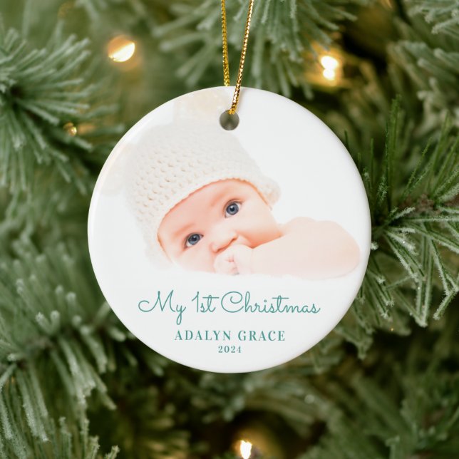 Elegant Script Baby's First Christmas Photo Ceramic Tree Decoration (Tree)