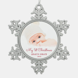 Elegant Script Baby's First Christmas Photo Snowflake Pewter Christmas Ornament