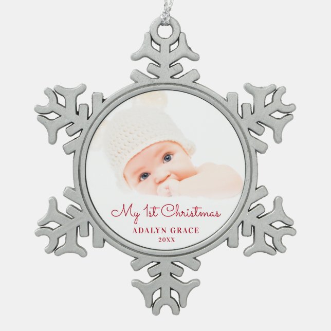 Elegant Script Baby's First Christmas Photo Snowflake Pewter Christmas Ornament (Front)