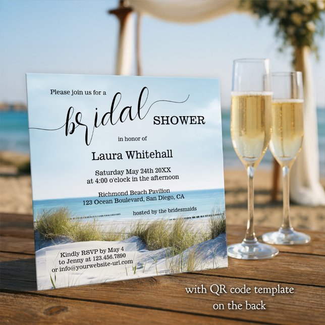Elegant Script Beach Bridal Shower Invitation (Beach bridal shower invitation showing a view from the dunes over the ocean - with QR code template)
