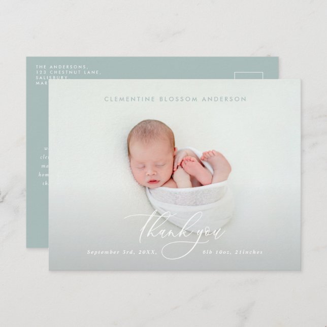 Elegant script birth announcement photo thank you (Front/Back)